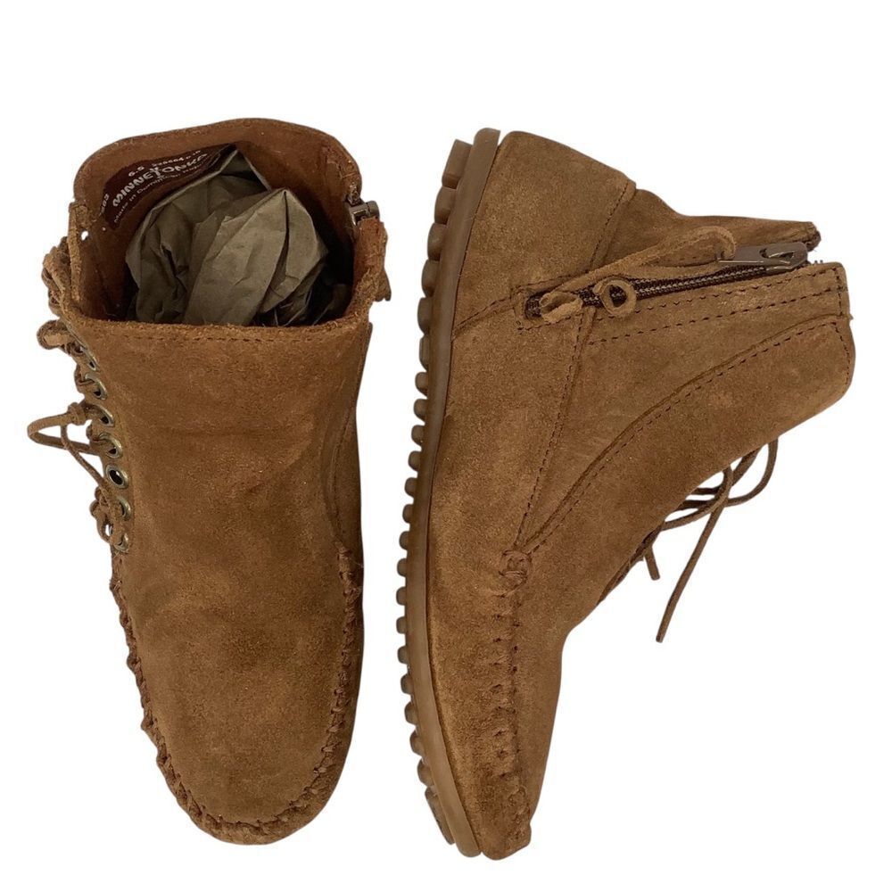 Minnetonka Fringe Side Zip Flat Moccasin Brown Women’s Ankle Booties Sz 6.5 Boho